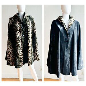 Vintage Reversible Animal Print Black Nylon Cape w hood  OS